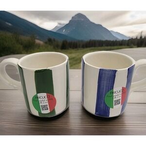 NEW ARCUCCI Hand-painted 2 Mug Set Handcrafted In Italy BLUE &‎ GREEN STRIPED